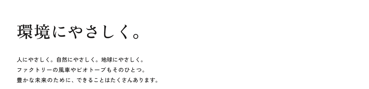 環境にやさしく。人にやさしく。自然にやさしく。地球にやさしく。ファクトリーの風車やビオトープもそのひとつ。豊かな未来のために、できることはたくさんあります。