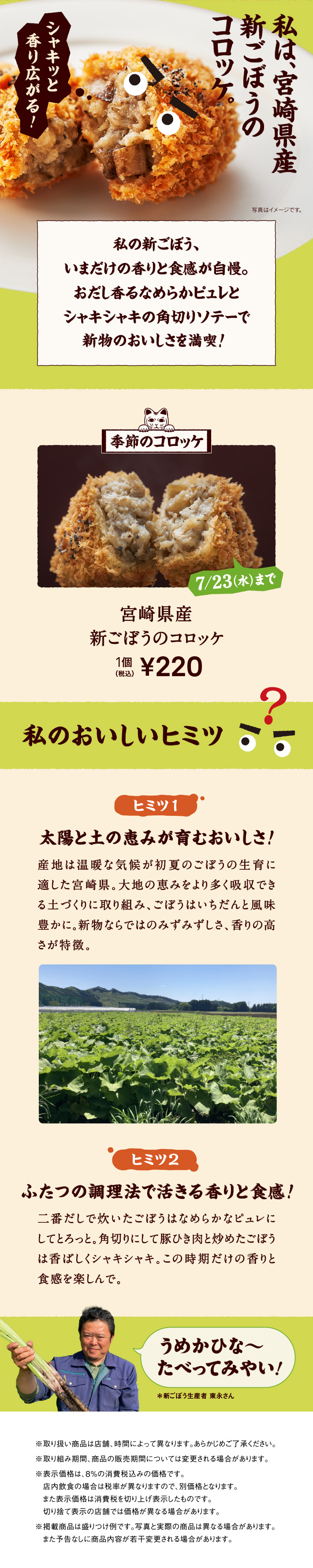 私は、宮崎県産新ごぼうのコロッケ。私の新ごぼう、いまだけの香りと食感が自慢。おだし香るなめらかピュレとシャキシャキの角切りソテーで新物のおいしさを満喫！ 季節のコロッケ 7/23（水）まで 宮崎県産新ごぼうのコロッケ 1個 税込220円